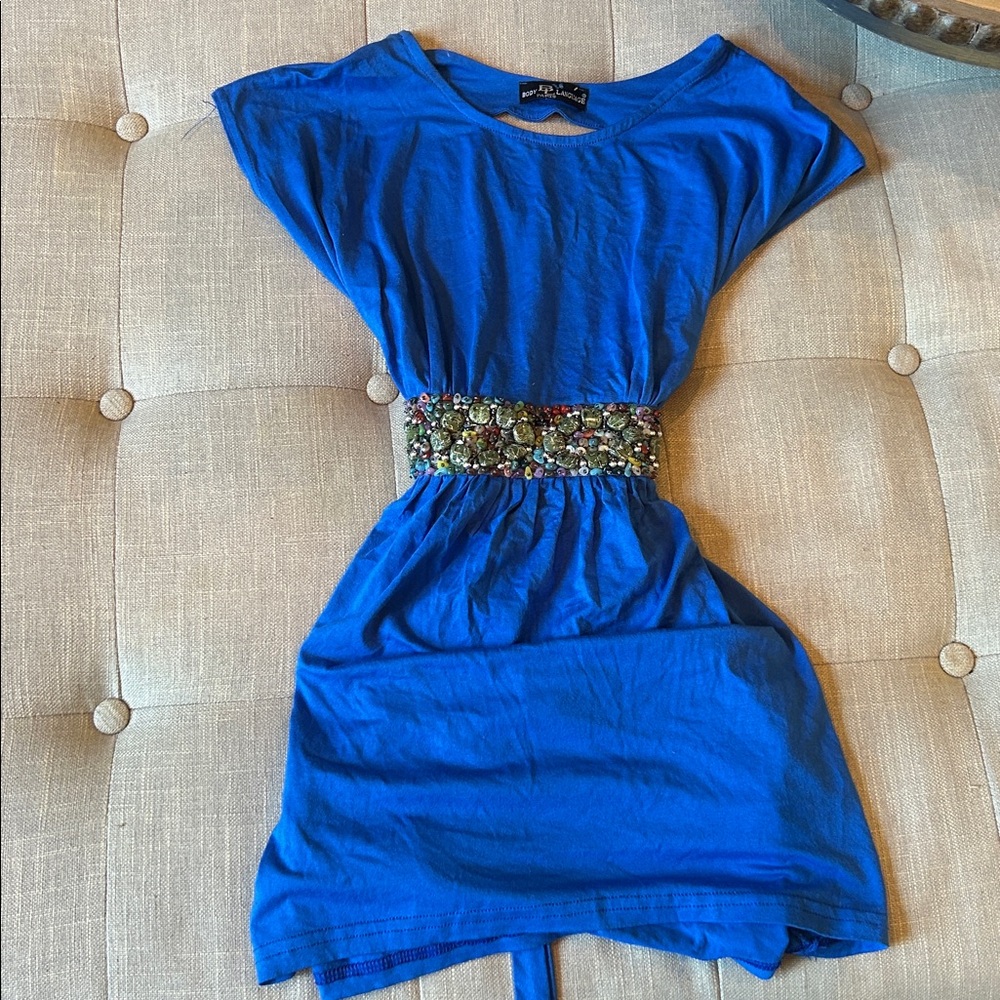 Body Language Paris Vintage Marcy Royal Blue Green Beaded Belted Mini Dress